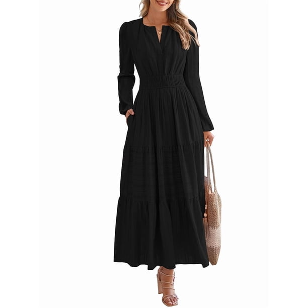 Vestido de Otoño Informal para Mujer, de Larga, Cuello en V, Cintura Elástica, Ligero, para Invitadas de Boda, con Bolsillos Negro L