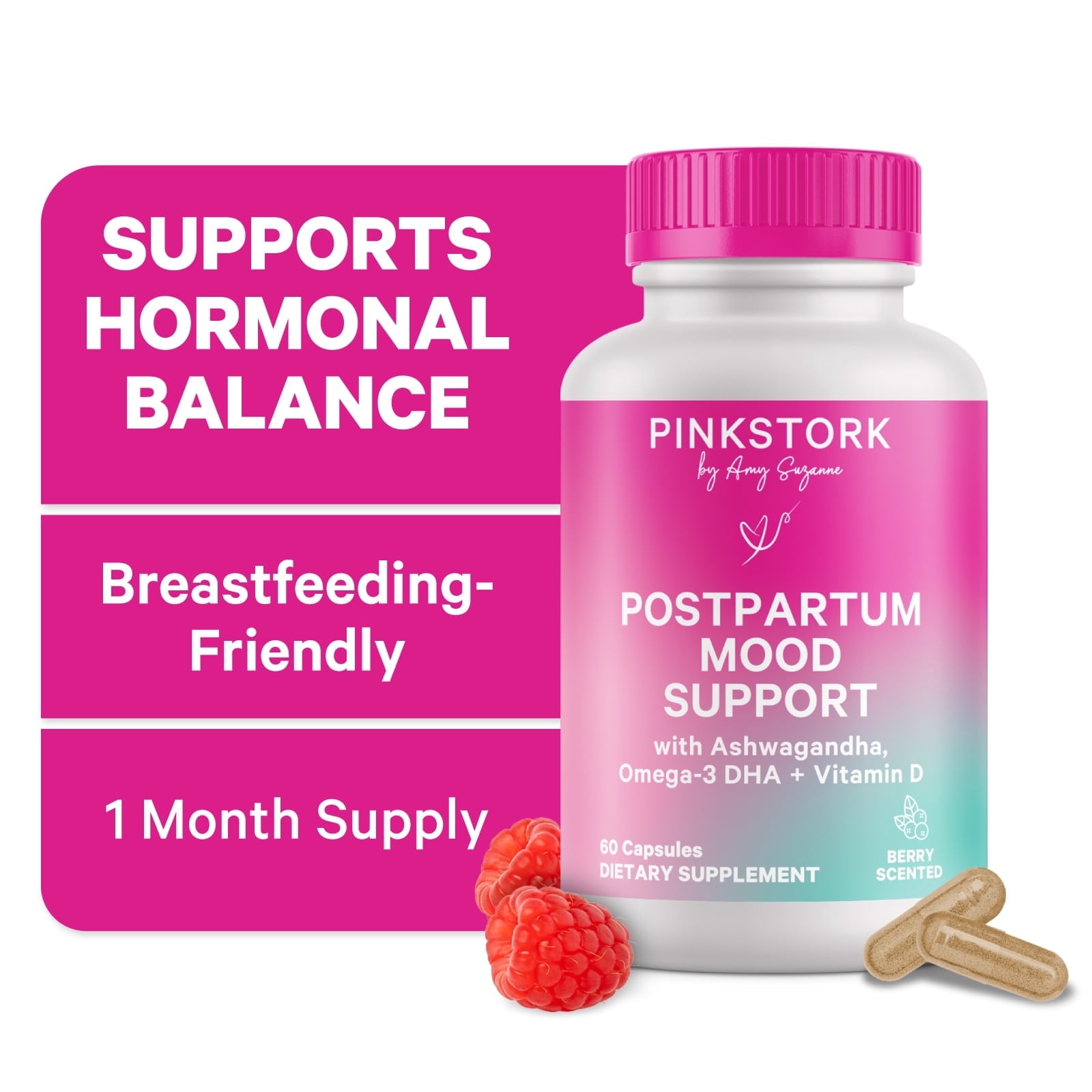 Pink Stork Postpartum Mood Support Supplements with Ashwagandha, Omega-3 DHA, Saffron, Chamomile - 60 Capsules, Berry