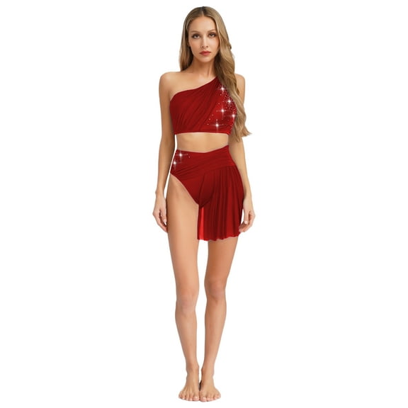 Alvivi Womens 2-piece lyrical dance outfits Modern contemporary dress Sleeveless rhinestone crop top with skirt Turnout suit Stage suit Costume Burgundy S