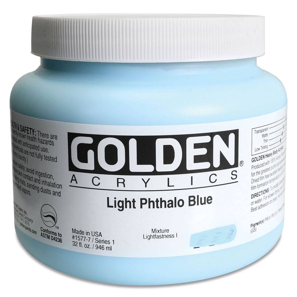 Golden Heavy Body Artist Acrylics - Light Phthalo Blue, 32 oz