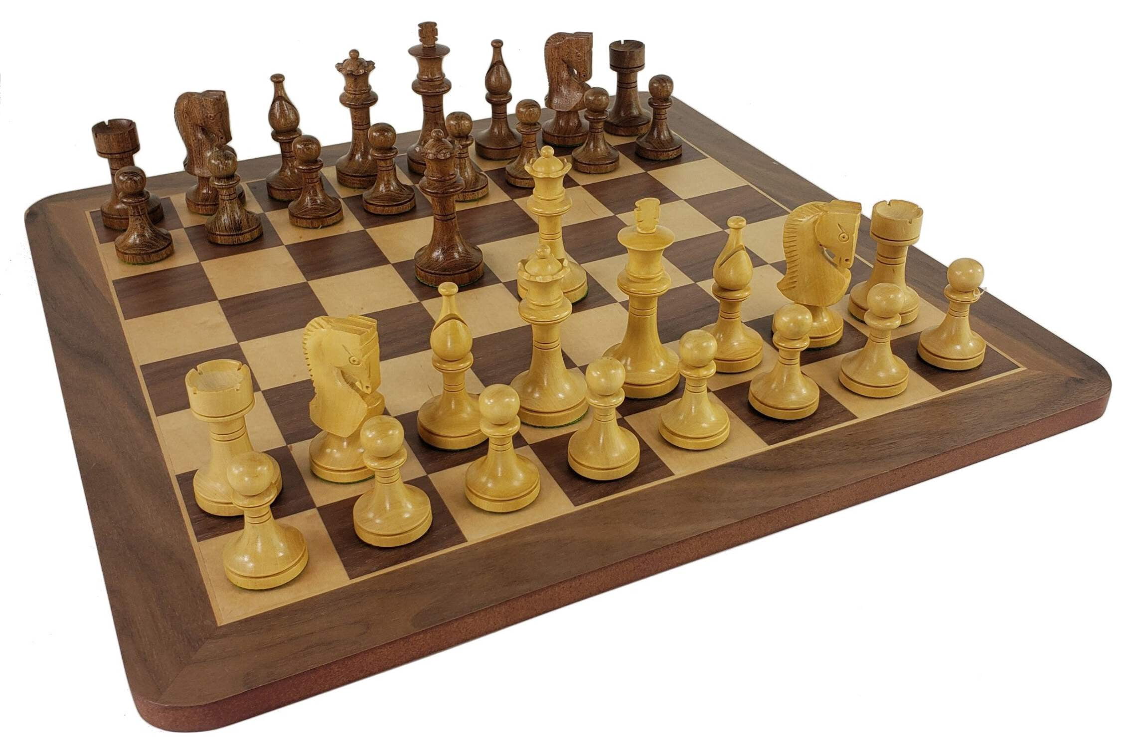 4 Queens Acacia 3 1/2" King Staunton Wood Chess Set W/ 17" Walnut  Maple Board