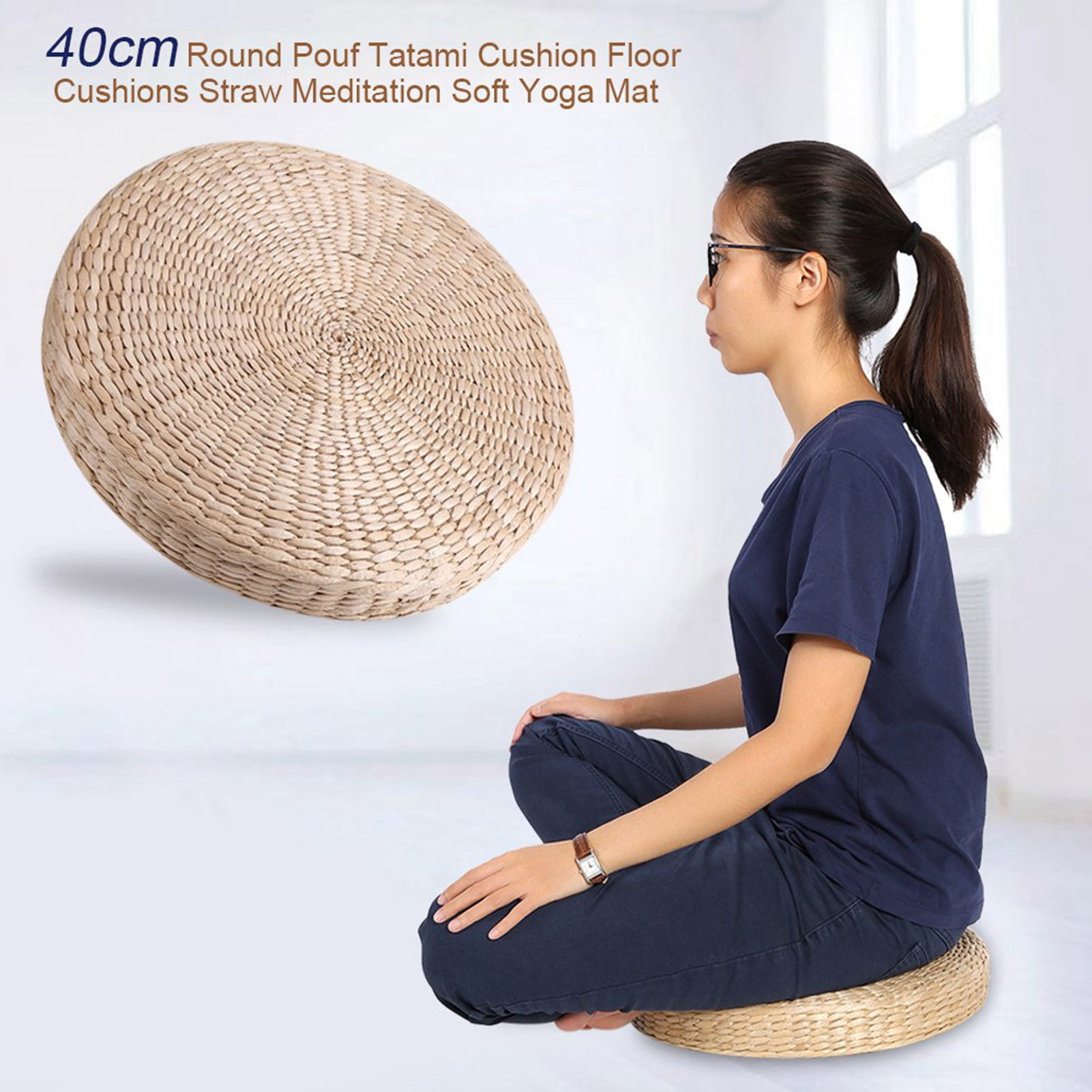 Cattail Hand‑Woven Pouf Tatami Seats Cushion Round Padded Room Floor Straw Mat for Zen Yoga Ceremony Balcony Bay Window Floor Decoration 15.7x15.7x2.4in