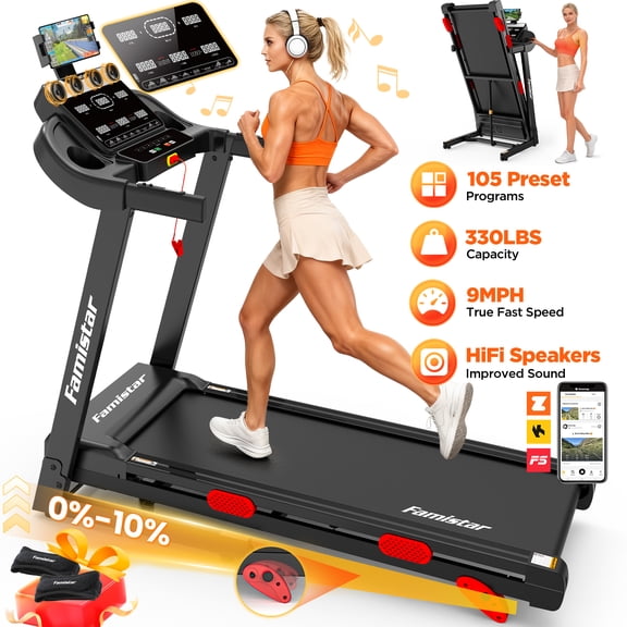 Famistar Electric Folding Treadmill for Home with Adjustable Incline & APP, 9MPH Speed, 330lbs, HiFi Bluetooth Speakers, 3.75HP Foldable Compact Treadmill Walking Running Machine