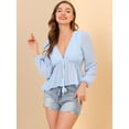 thumbnail image 3 of Top de gasa transparente Allegra K con mangas largas y cuello en V profundo Azul claro S, 3 of 6