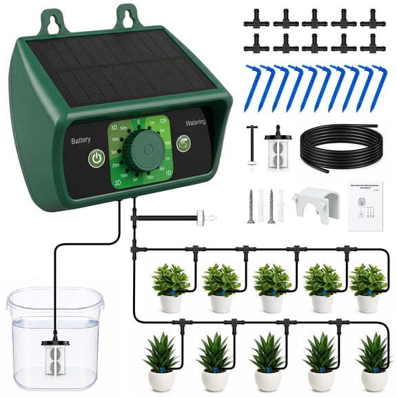 FOUKUS Solar Drip Irrigation System Automatic Drip Irrigation Kit: 1500mAh Solar Watering System, 400mL/min Pump, Up to 50-Day Runtime - Solar Irrigation System for Garden, 10 Plants & Patio