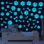 Dog Paw Print Stickers Glow in The Dark Wall Decals Pup Dog Room Decor Stickers Vinyl Dog Paw Bone Wall Decals Removable Animal Footprint Decal for Kids Boys Girls Bedroom