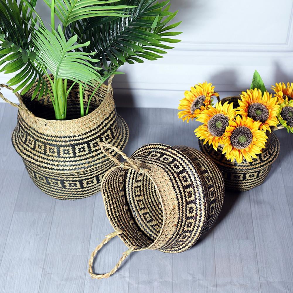 JANDEL Foldable Handmade Folding Wicker Grass Weaving Chrysanthemum Pattern Storage Basket for Storing Cosmetics, Dirty Clothes, M