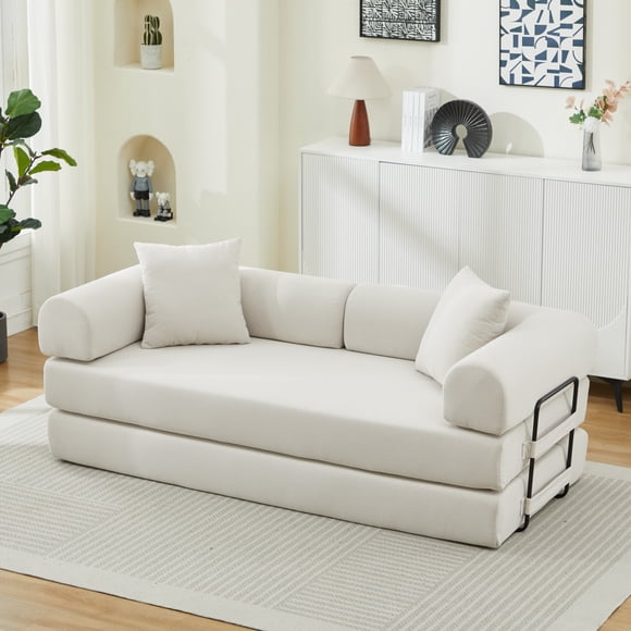 Folding Sofa Bed, Convertible Couch Bed with 2 Pillows, Fold Out Couch, Foam Spring Floor Mattress, Futon Couch for Living Room, Office, Apartment,Beige