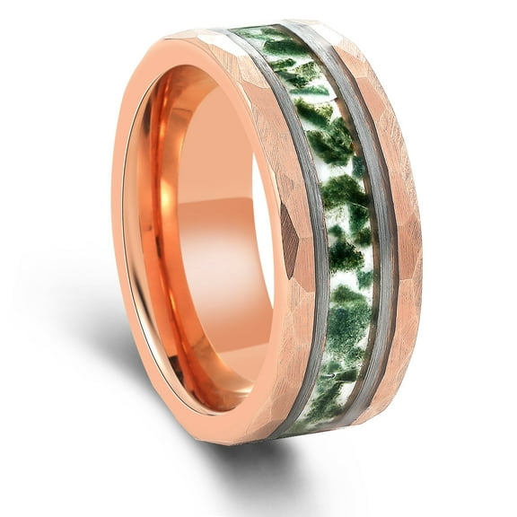 Green Agate Tungsten Ring Hammered Crushed For Men Statement Ring Anniversary Ring 8mm