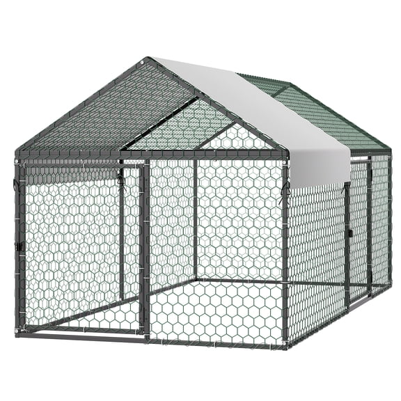 KFFKFF Metal Chicken Coop for 4-6 Chickens, 3.3 x 6.6 x 3.3 ft, Compact Poultry Cage with Weatherproof Cover & Dual Doors, Sloped Roof Design for Rabbits, Hens, Geese, and Ducks