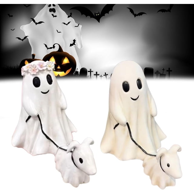 estatua de perro fantasma de halloween xinyu decoración de otoño figura decorativa blanca frontal con dos piezas: fantasma con ojos negros y sonrisa que sostiene con correa a un perro fantasma pequeño acostado; acabado liso en color Color1, fondo con calabaza tallada y murciélagos para ambiente otoñal. A menudo usada como adición temática para repisas o entradas durante temporada de otoño.