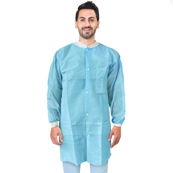 Light Blue SPP Disposable Lab Jacket, Small, 29 in, Snap Front, 3 Pockets, 100 count