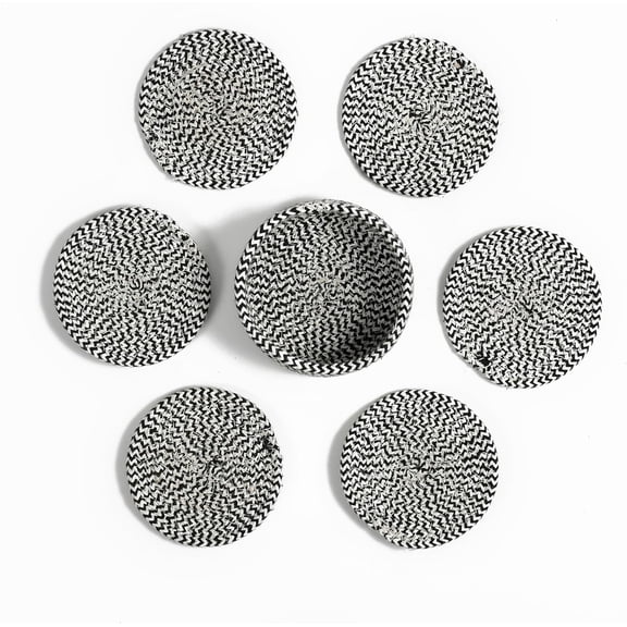 Coasters Set of 6 for Drinks, Cotton Woven Absorbent Coasters with Holder – Boho Style Tabletop Protection for Coffee, Beer & Cups (Black & White)