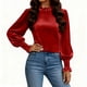 thumbnail image 2 of Karight Velvet Tops for Women Casual Ruffle Neck Shirts Dressy Long Puff Sleeve Business Velvet Tops Retro Tunic Top, 2 of 5