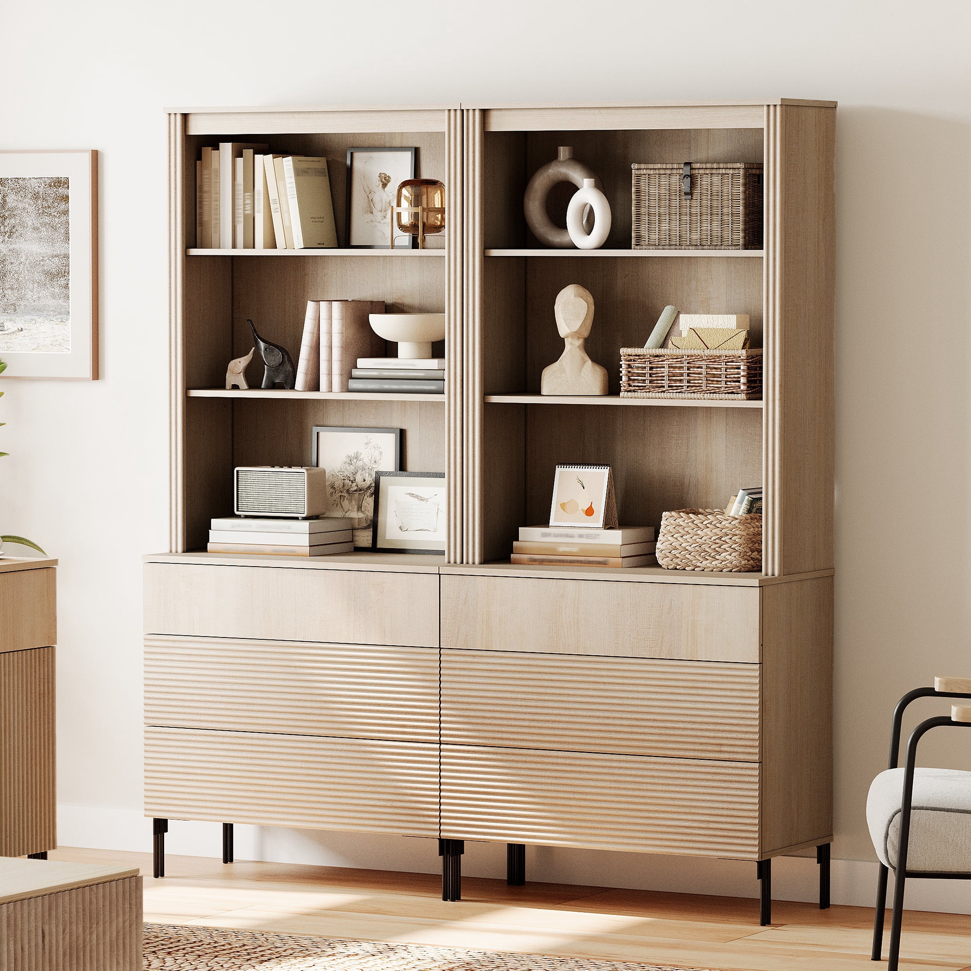 71.6"H X 60.4"W Set Of 2 Bookcase with Storage Cabinets, 6 Tier Bookshelf with Fluted Drawers and Adjustable Shelves, Large Modern Display Cabinet For Living Room Bedroom Home Office Kitchen