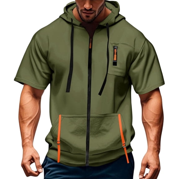 Curuila Mens Hoodies With Pocket Zip Up Short Sleeve Hooded Solid Color Sweatshirt For Men Summer Fashion Casual Tops Army Green Size L