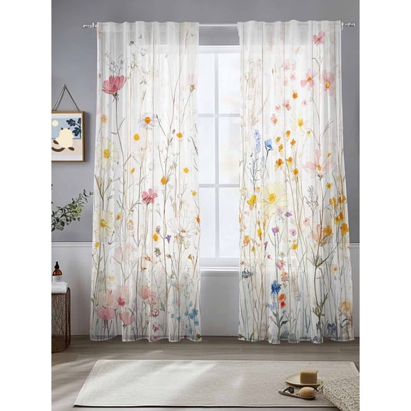 Colorful Flower Country Floral Chiffon Sheer Curtains 84 Inches Long Wildflower Watercolor Rod Pocket Window Curtains Voile Drapes Curtains for Living Room Bedroom,2 Panels
