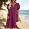 thumbnail image 4 of ClodeEU Women's Linen Blend V Neck Puff Sleeve Half Button Midi Dress with Pockets ,Solid Color Casual Summer Dress Wine,Women's Plus XXL, 4 of 5