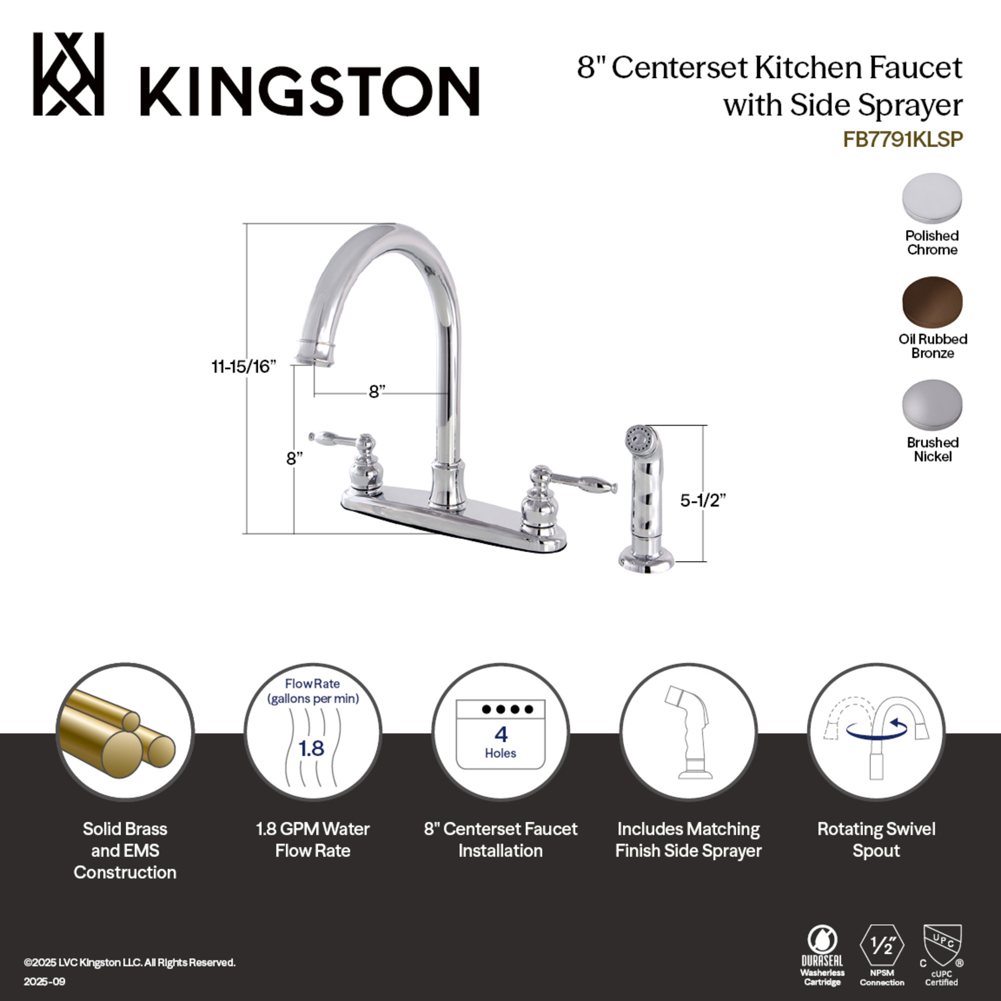 Kingston FB7798KLSP Knight Two-Handle 4-Hole 8" Centerset Kitchen Faucet with Side Sprayer in Brushed Nickel