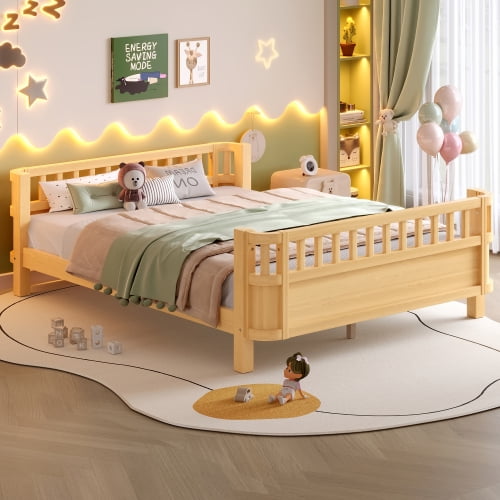 Bellemave Full Size Bed Frame, Full Montessori Bed with Safety Guardrails and Detachable Fence, Wooden Platform Bed Full Daybed Frame, Low Profile & Rounded Corners Design, Natural