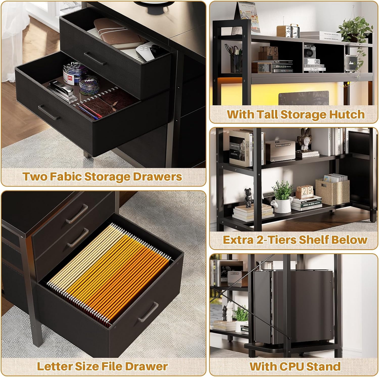 iSunirm L Shaped Gaming Desk with Storage, Computer Gaming Desk with LED Lights & Hutch, Reversible Computer Desk with Power Outlet, Corner Desk with Drawers, Shelves for Home, Black