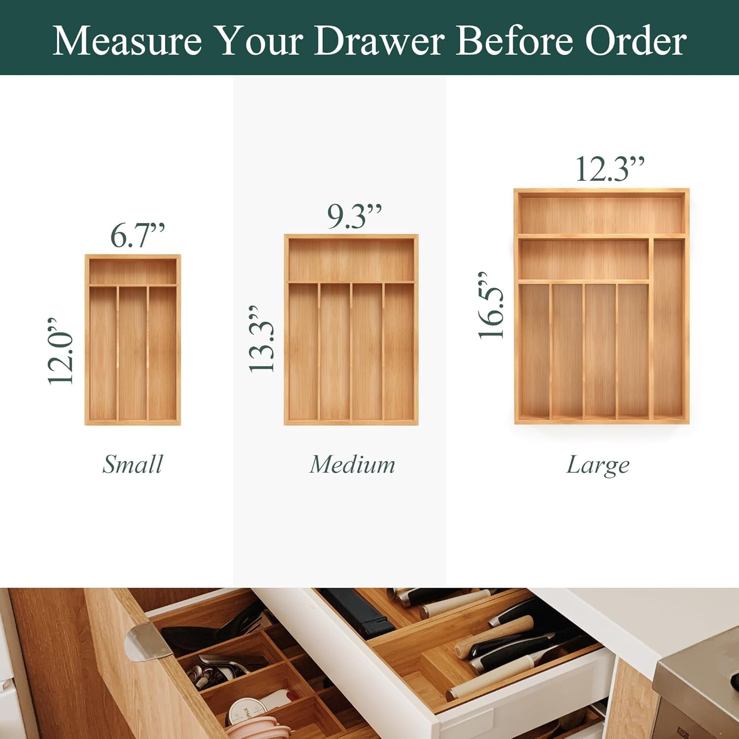 UniVerse Bamboo Silverware Organizer, Kitchen Drawer Organizer, Utensil Holder, Cutlery Tray & Spoon Flatware Storage with Grooved Drawer Dividers (7 Slots, Grey)