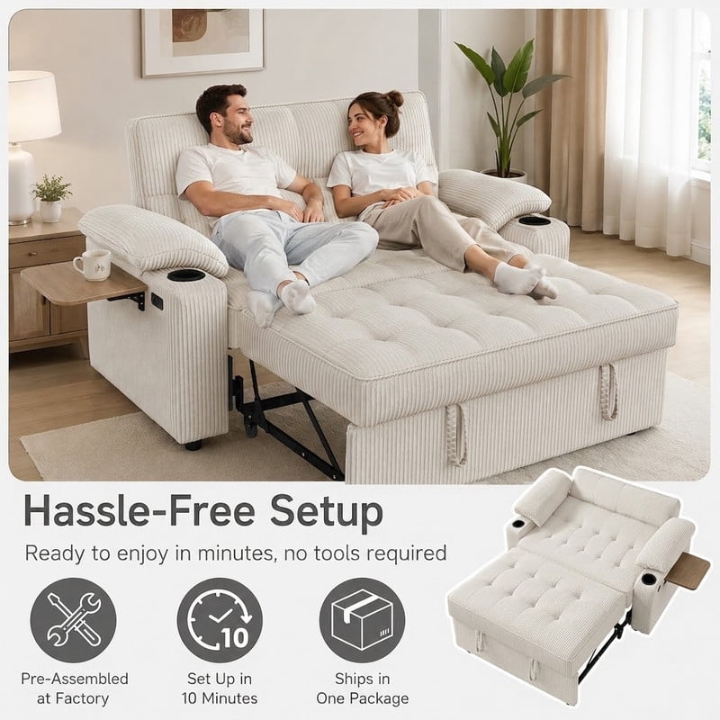 58" Sleeper Sofa Bed, Full Size Pull Out Couch, Convertible Loveseat Sofa with 5-Level Adjustable Backrest, USB Charging Ports, Cup Holders & Foldable Side Table, for Living Room, Apartment & Office