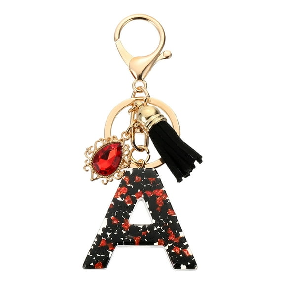 Uxcell Initial Letter A Keychains, Resin Alphabet Key Ring with Tassel, Black/Red