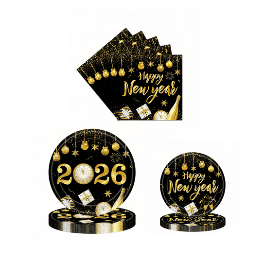 SKTMH 60Pcs New Year Tableware New Year Party Decorations New Year Plates Napkins 2026 New Year Decorations Black Gold 2026 New Year Disposable Dinnerware for Winter 2026 New Year Eve Party Supplies