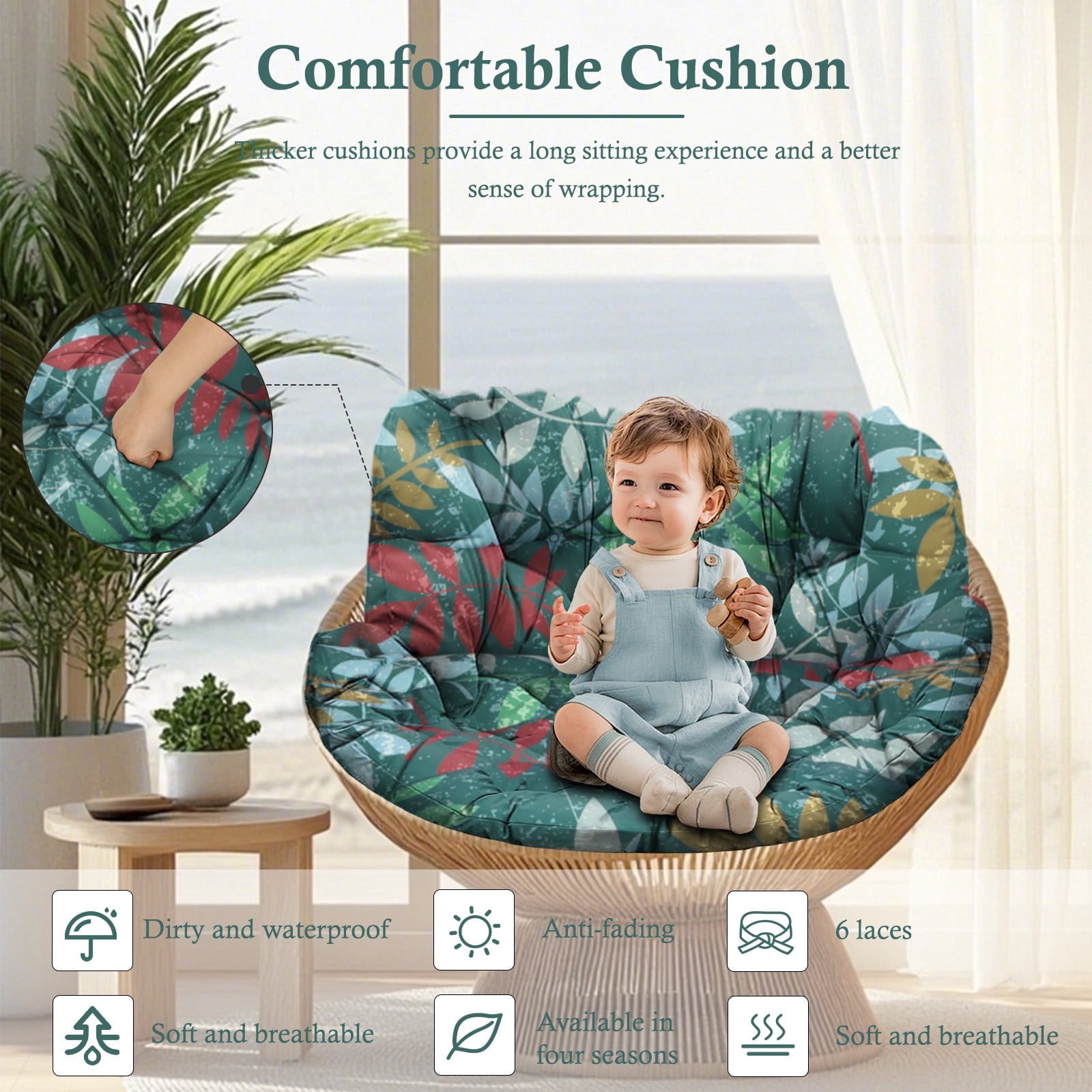 Egg Chair Cushion Replacement Waterproof – Outdoor Rocking Chair Cushions 6.3" Thick UV Resistant with 6 Straps for Patio, Balcony, Garden, Green Flower