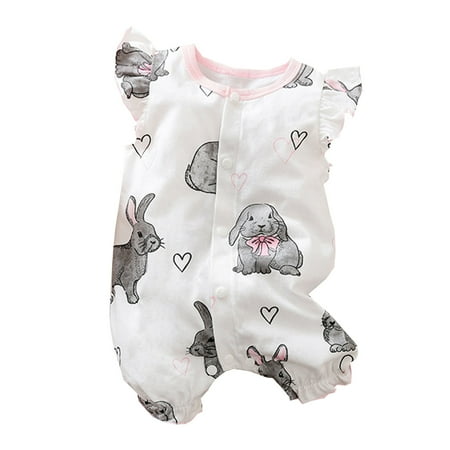

QWERTYU Newborn Infant Toddler Baby Child Flutter Sleeve Sleeveless Jumpsuit for Girl Summer Clothes Rabbit Print Romper 0-3Y