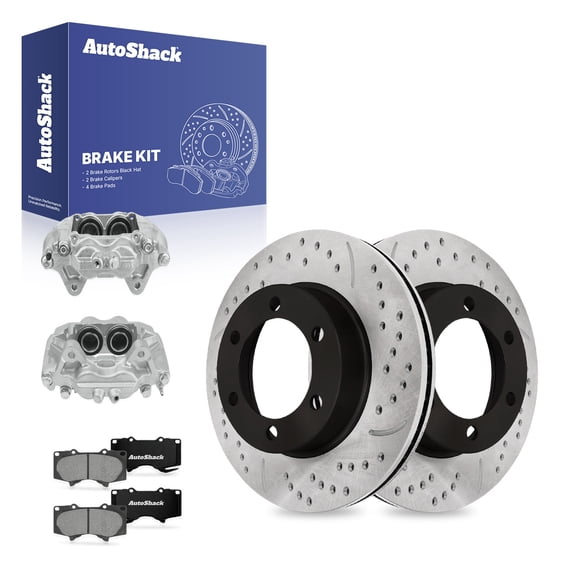 AutoShack Front Vented Drilled & Slotted E-Coated Brake Rotors   Premium Ceramic Pads   Calipers 8-PC Brake Kit Replacement for 2004-2006 Toyota Tundra ShadowGuard 12.55" (318.7 mm)