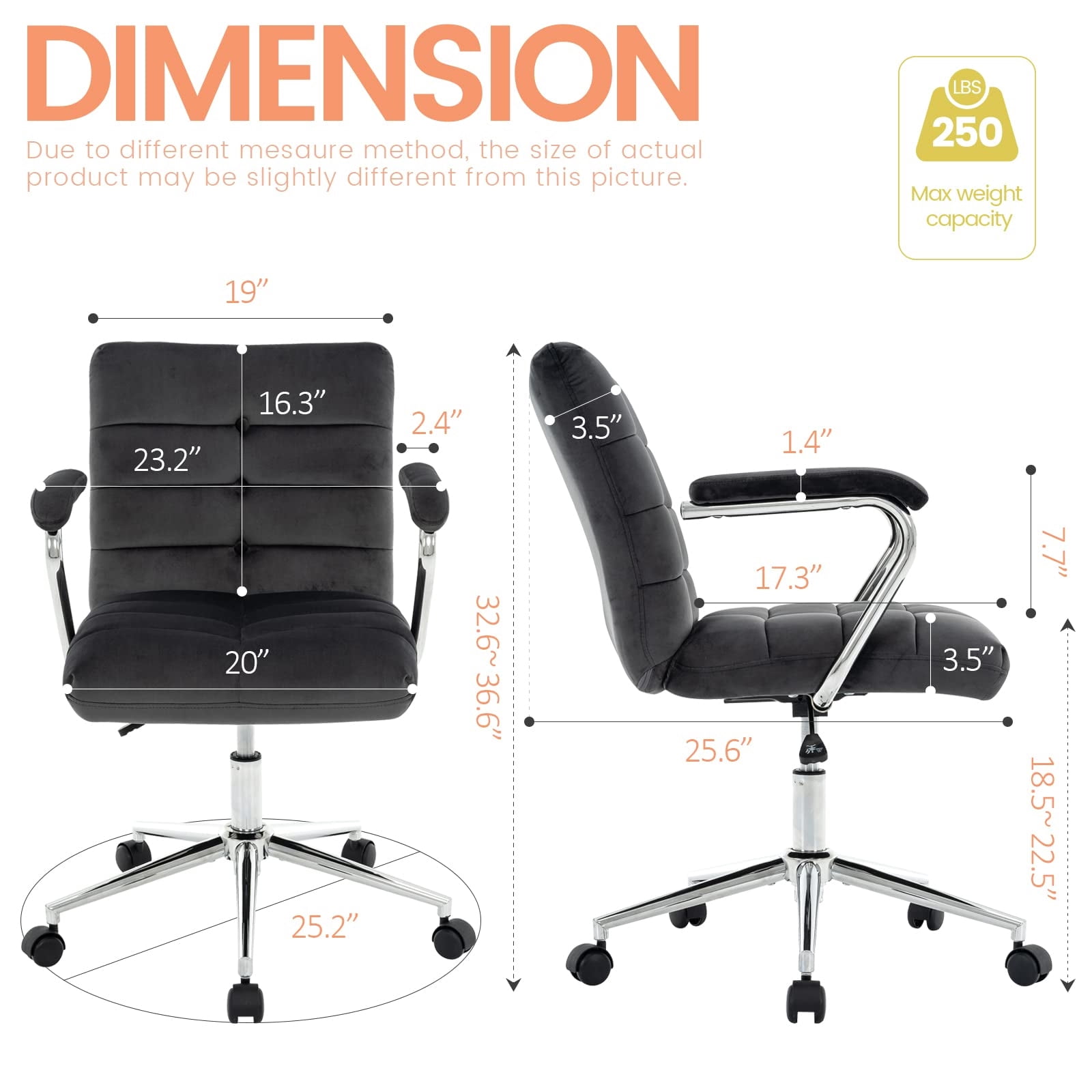 Velvet Desk Chair with Arms, Adjustable Height Home Office Chair, Mid-Back Upholstered Vanity Chair with 360° Swivel and Wheels for Living Room or Study, Black