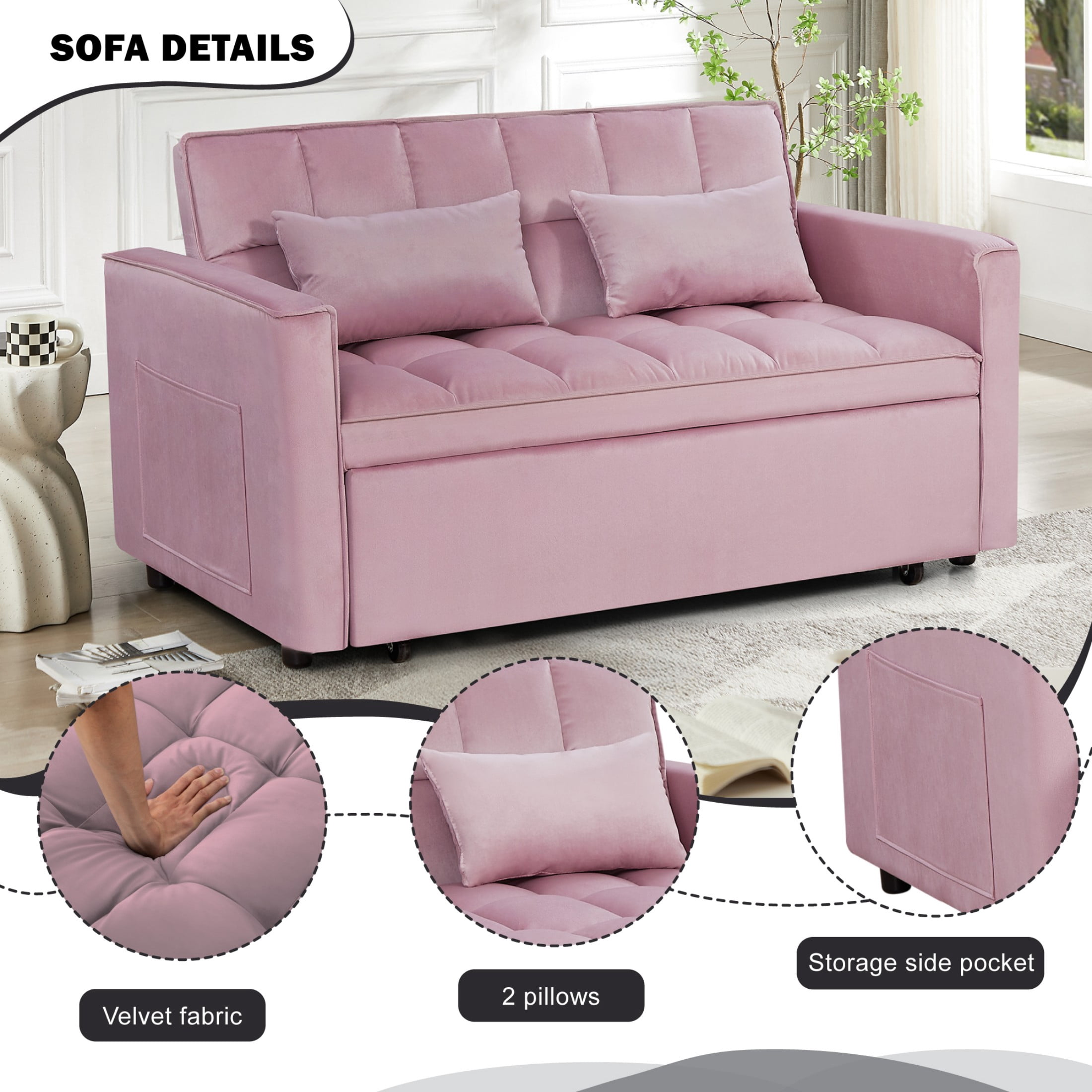 Gewnee 54" Modern Convertible Velvet Futon Sofa Bed with Pull-Out Sleeper and Adjustable Backrest, Loveseat Couch for Living Room or Office (Pink)