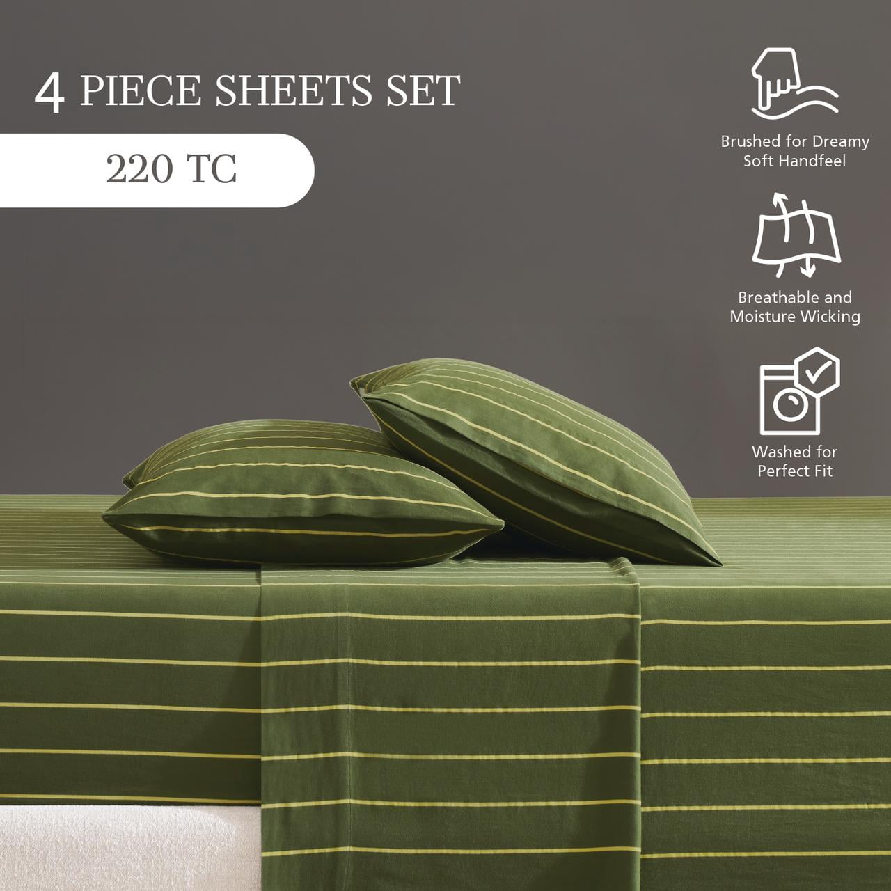 Mainstays 100% Cotton 4-Piece 220 Thread Count Dark and Light Green Stripe 100% Peached Cotton Dreamy Soft Bed Sheet Set, Full