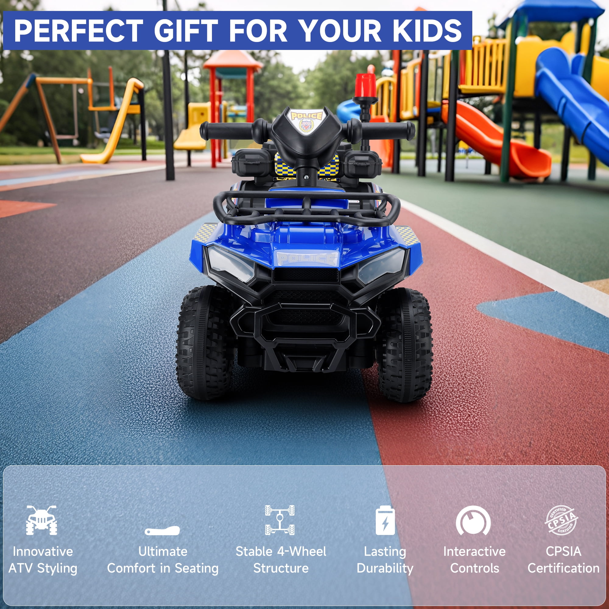 Bruce&Shark Police Car Ride on, Electric ATV Four Wheeler for Kids, Powered Ride on ATV Toys, Cop Cars with Siren, Flashing Lights, Blue