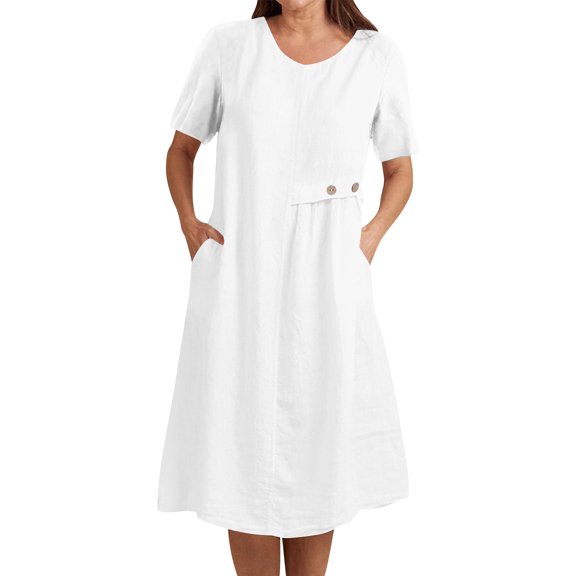 Midi Summer Dresses for Women Round Neck Solid Color Casual Loose Dress Short Sleeve A Line Dress Beach Vacation Dresses