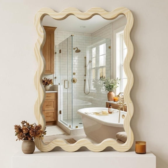 YAURA 24"x36" Solid Wood Irregular Bathroom Mirror, Wavy Squiggle Wall Mirror with Natural Frame, Japandi Boho Vanity Mirror for Bathroom, Bedroom, Living Room