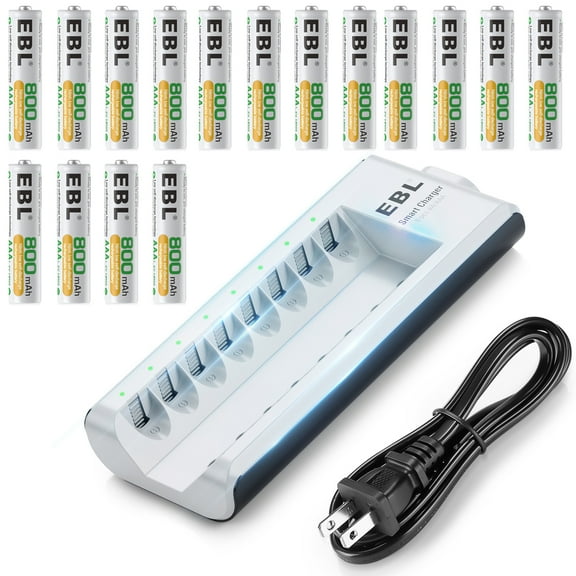 EBL 16 Pack of AAA Batteries NiMH Rechargeable Battery 800mAh with Smart 8-Slot Battery Charger for AA AAA Battery