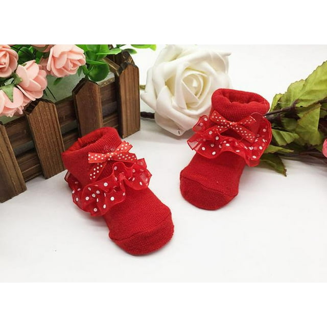 EDFBUYKRS Chaussettes Cheville Peignées pour Tout-Petits Chaussettes Nœuds Bébé Filles Rouges