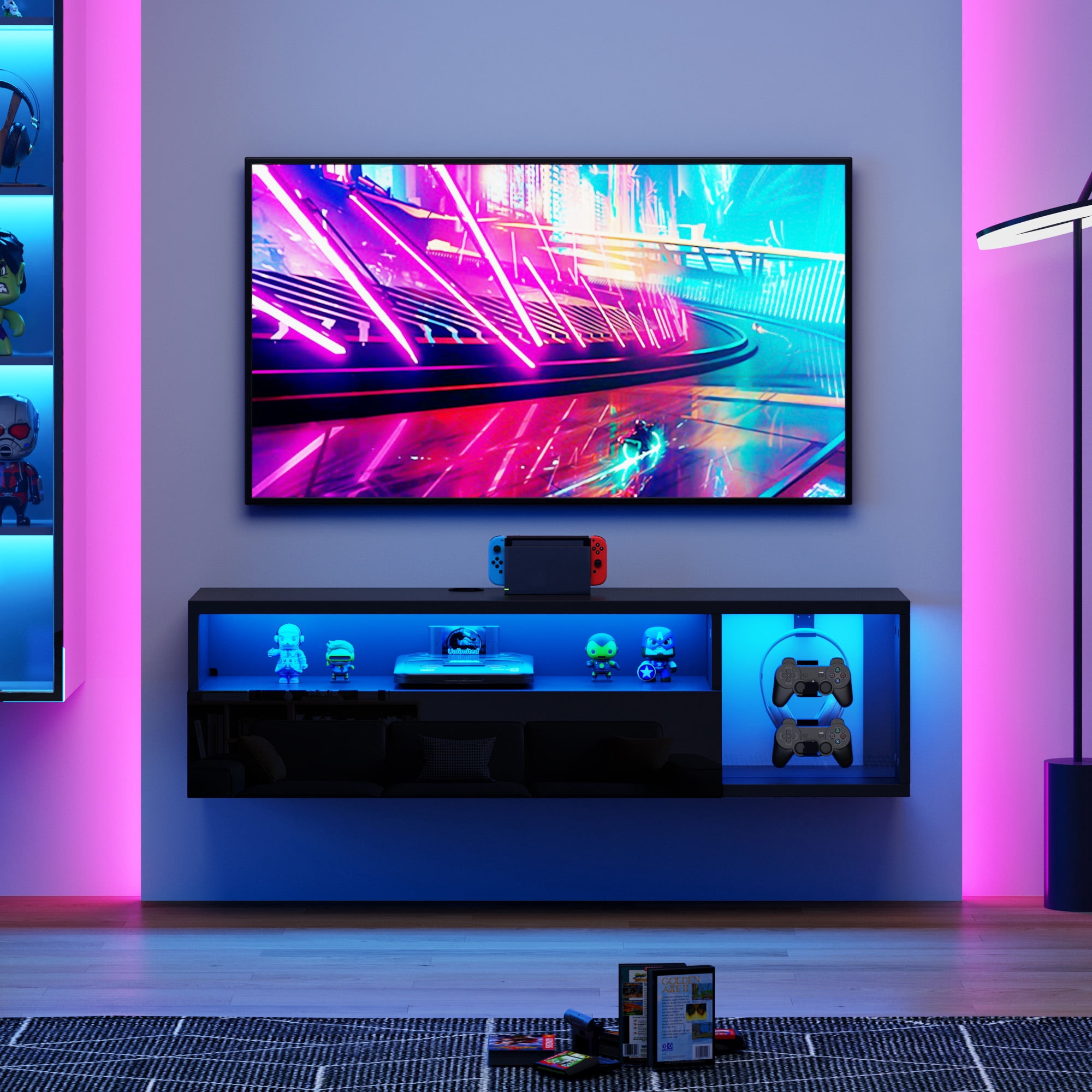Soges 39" LED Floating TV Stand Entertainment Centre, LED Media Console TV Cabinet with 2 Headphone & 4 Gaming Handle Hooks, Wall Mounted TV Table with Cable Management, Black