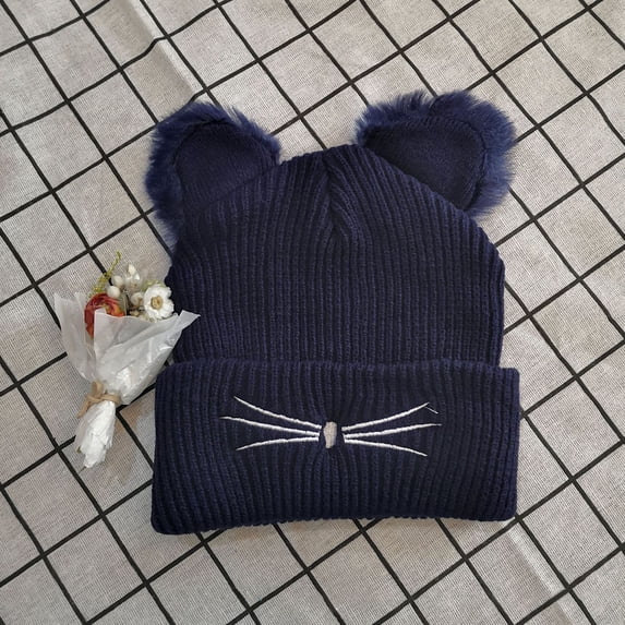 Womens Cute Cat Ear Hat with Embroidered Warm Knit Crochet Beanies Hat