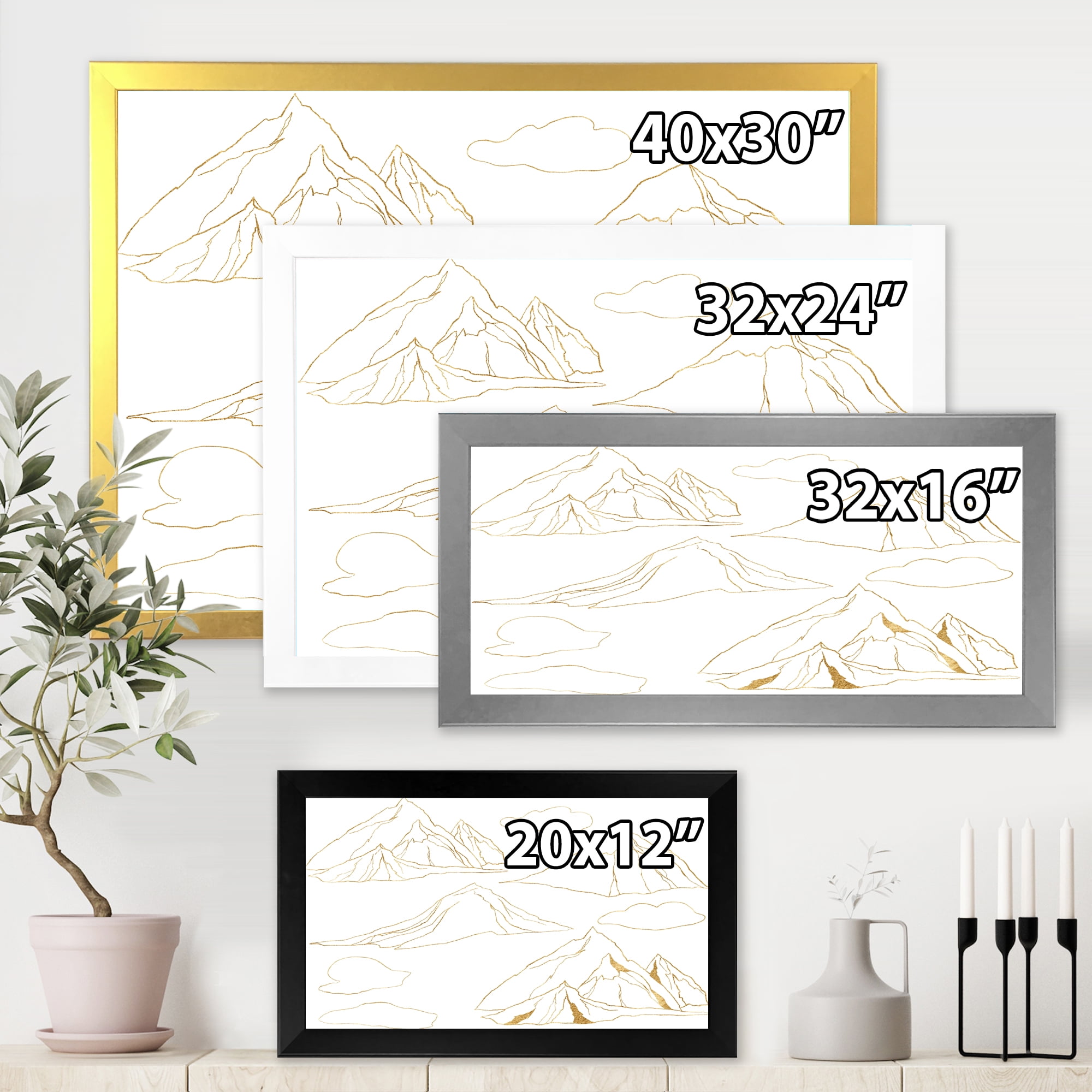 Designart 'Minimalistic Gold Linear Set Of Clouds and Mountains' Modern Framed Art Print