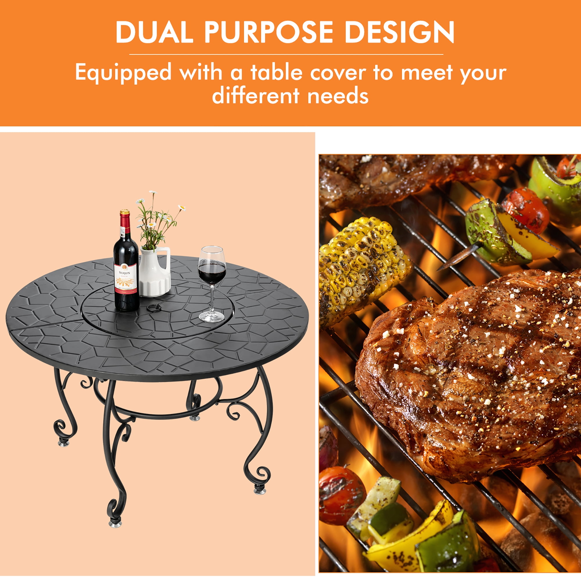 Costway 35.5'' Patio Fire Pit Dining Table Charcoal Wood Burning W/ Cooking BBQ Grate
