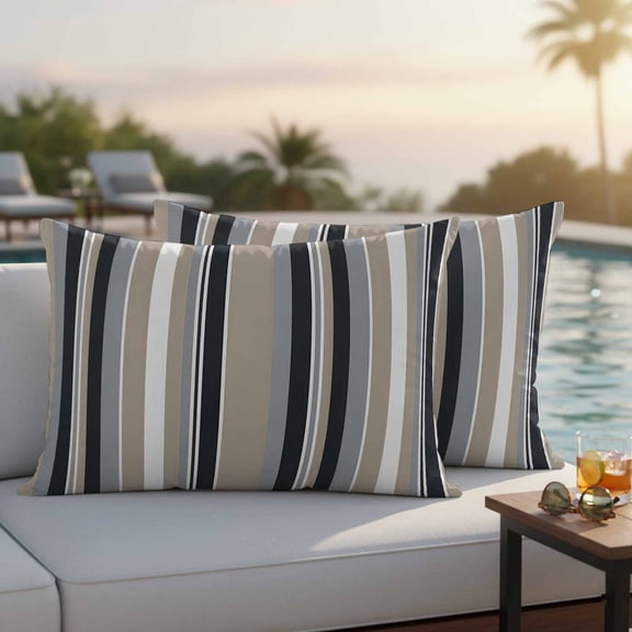 Black Grey Brown Striped Outdoor Pillow Covers 20x12 Inch Lumbar Pillow Covers Set of 2 Waterproof Decorative Throw Pillow Cases Modern Stripes Art Farmhouse Cushion Covers for Patio Furniture Garden