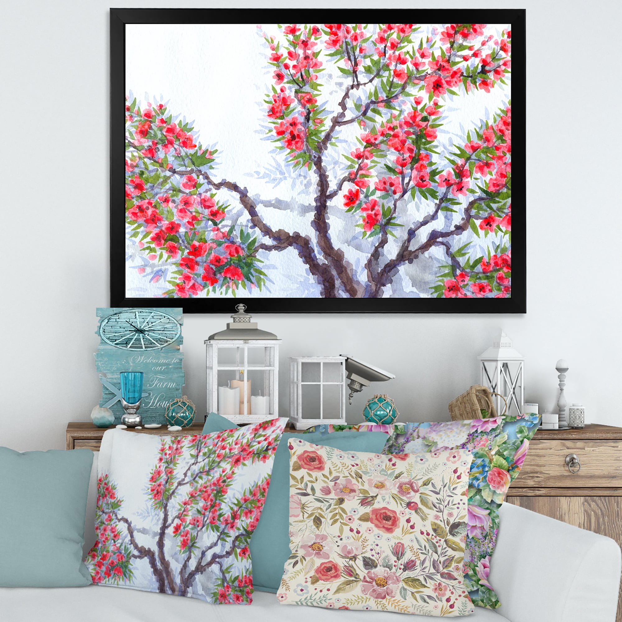 Abstract Red Flowers of Spring Tree 32 in x 16 in Framed Painting Canvas Art Print, by Designart