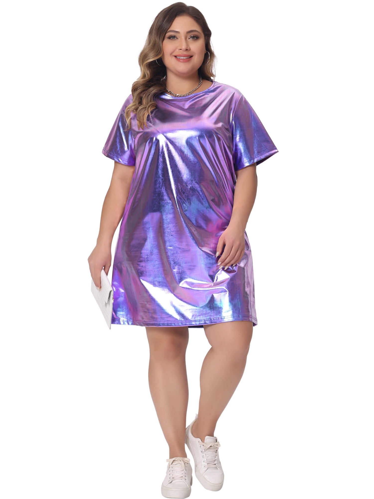 DARING DIVA Women's Plus Size Metallic Round Neck Mini Dress 1X Purple