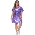 thumbnail image 3 of DARING DIVA Women's Plus Size Metallic Round Neck Mini Dress 1X Purple, 3 of 6