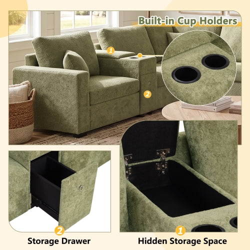 134" U-Shape Modular Sectional Sofa, 5-Seat Couch with Chaise Lounge, Deep Seat, Built-In Cup Holders, Storage Drawer and Pillows, Green