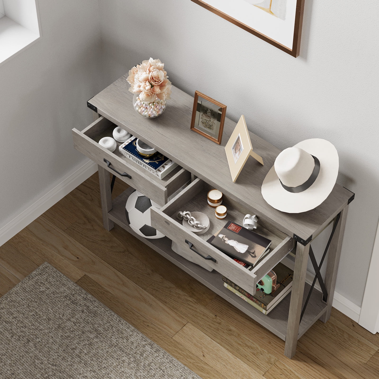 Towallmark Console Table with 2 Drawers, Rustic Hallway Table with Storage Shelves, Narrow Sofa Entryway Table for Living Room, Grey